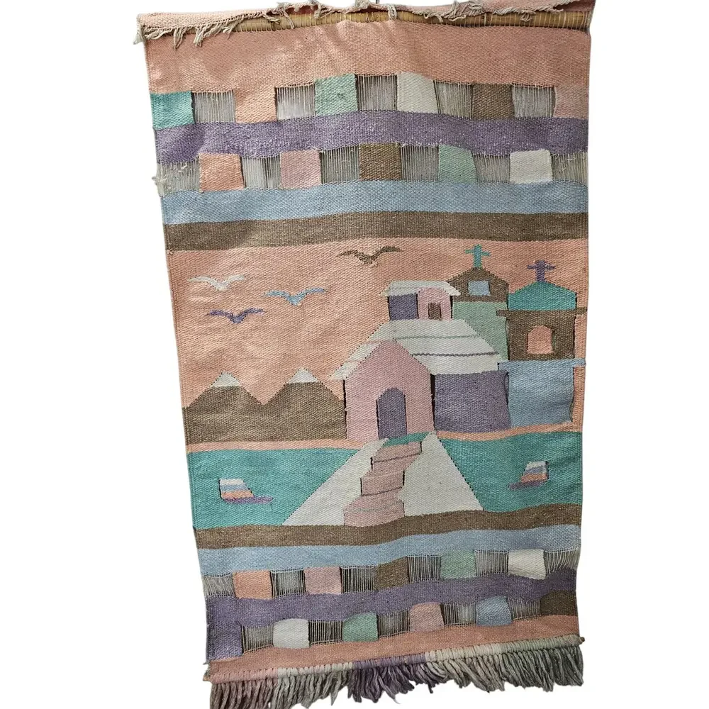 Vintage Southwest Pueblo Mountain Town Wool Woven Wall Hanging 45